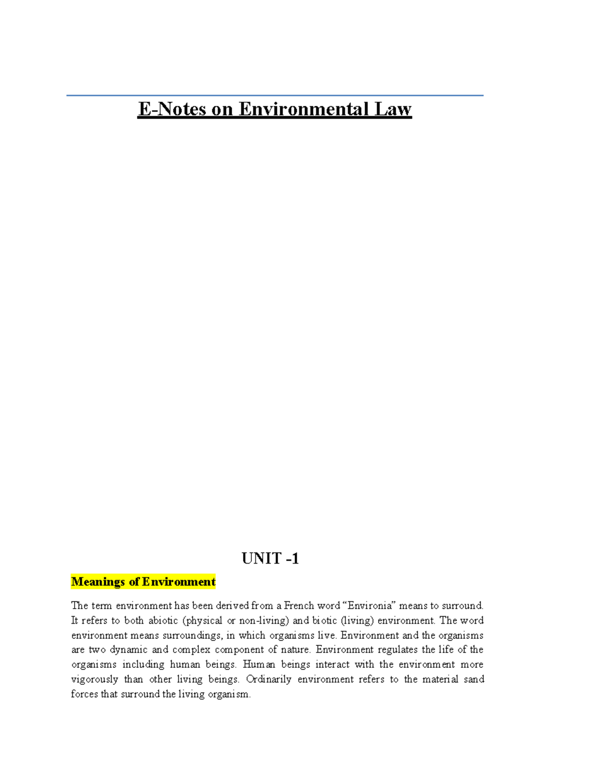 Environmental Law E-Notes (Course Code: 220413 040035) - Studocu