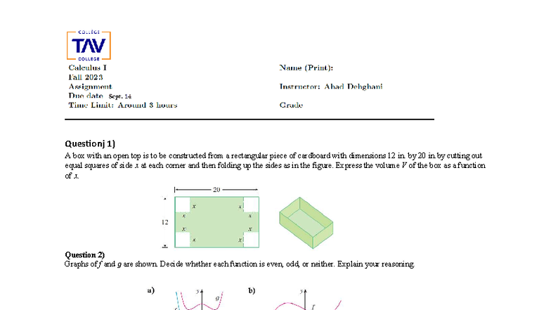 Cal 1 hw prob 1 - This is a assignment set from calculus 1 in Tav ...