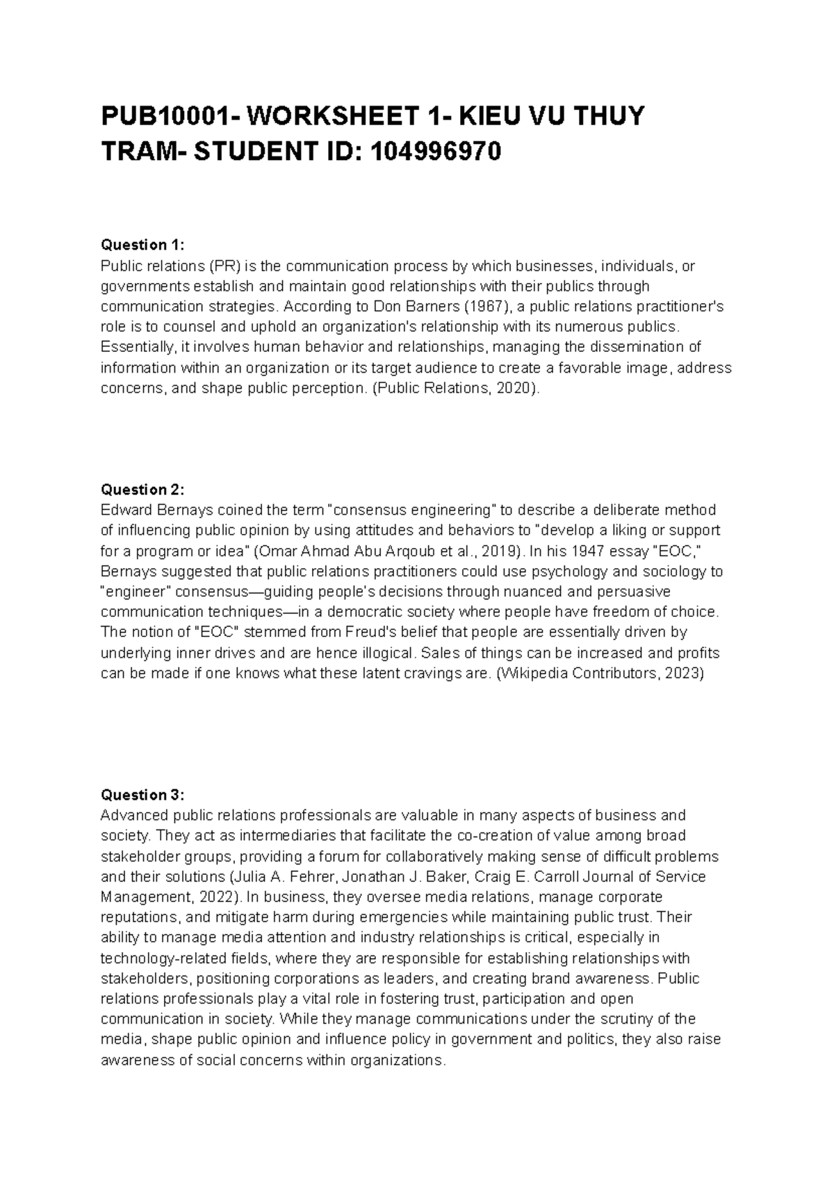 PUB10001 Worksheet 1 - Public Relations Concepts and Strategies - Studocu