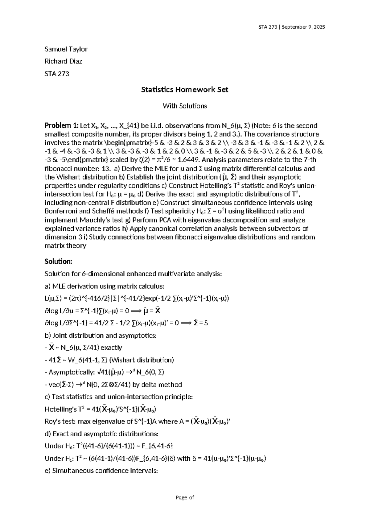 STAT 273 Statistics Homework Set with Solutions (Sept 2025) - Studocu