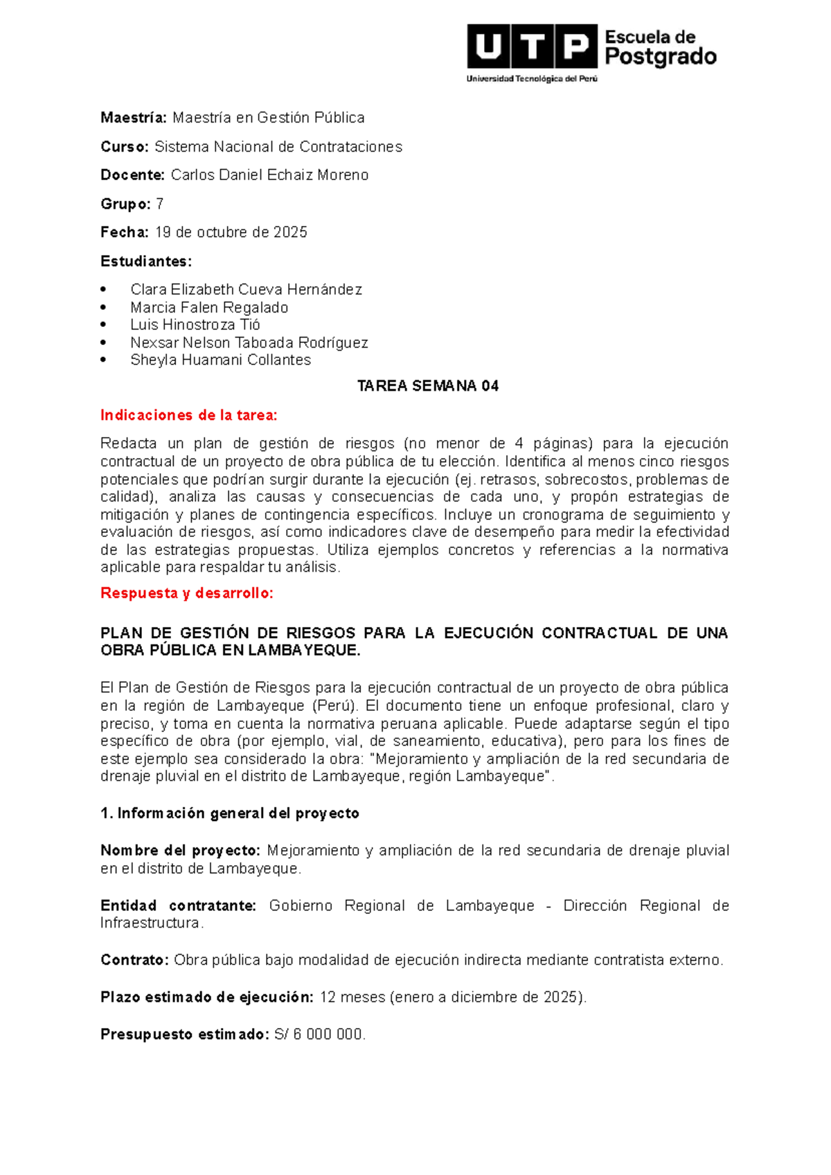 Tarea Semana 04: Plan de Gestión de Riesgos en Obras Públicas - SNCP - Document Preview