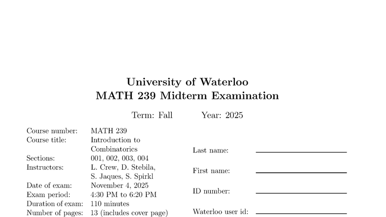 MATH 239 Midterm Solutions - Fall 2025 Exam - Studocu