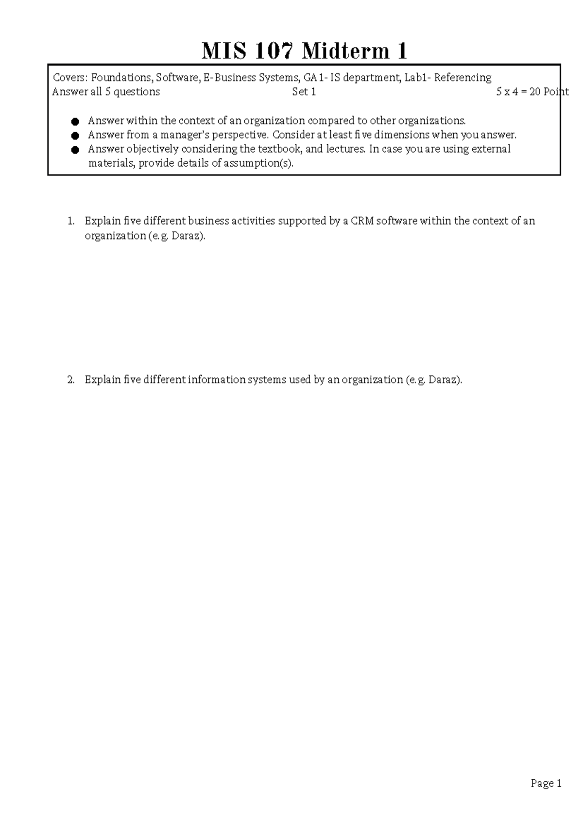 MIS 107 Midterm 1 - Set 1 Exam Questions on IS and E-Business - Studocu