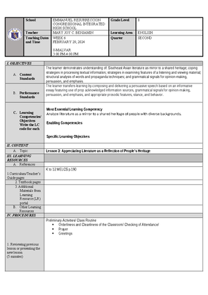 DLL Matatag English 7 Q2 W1 - MATATAG K to 10 Curriculum Weekly Lesson ...