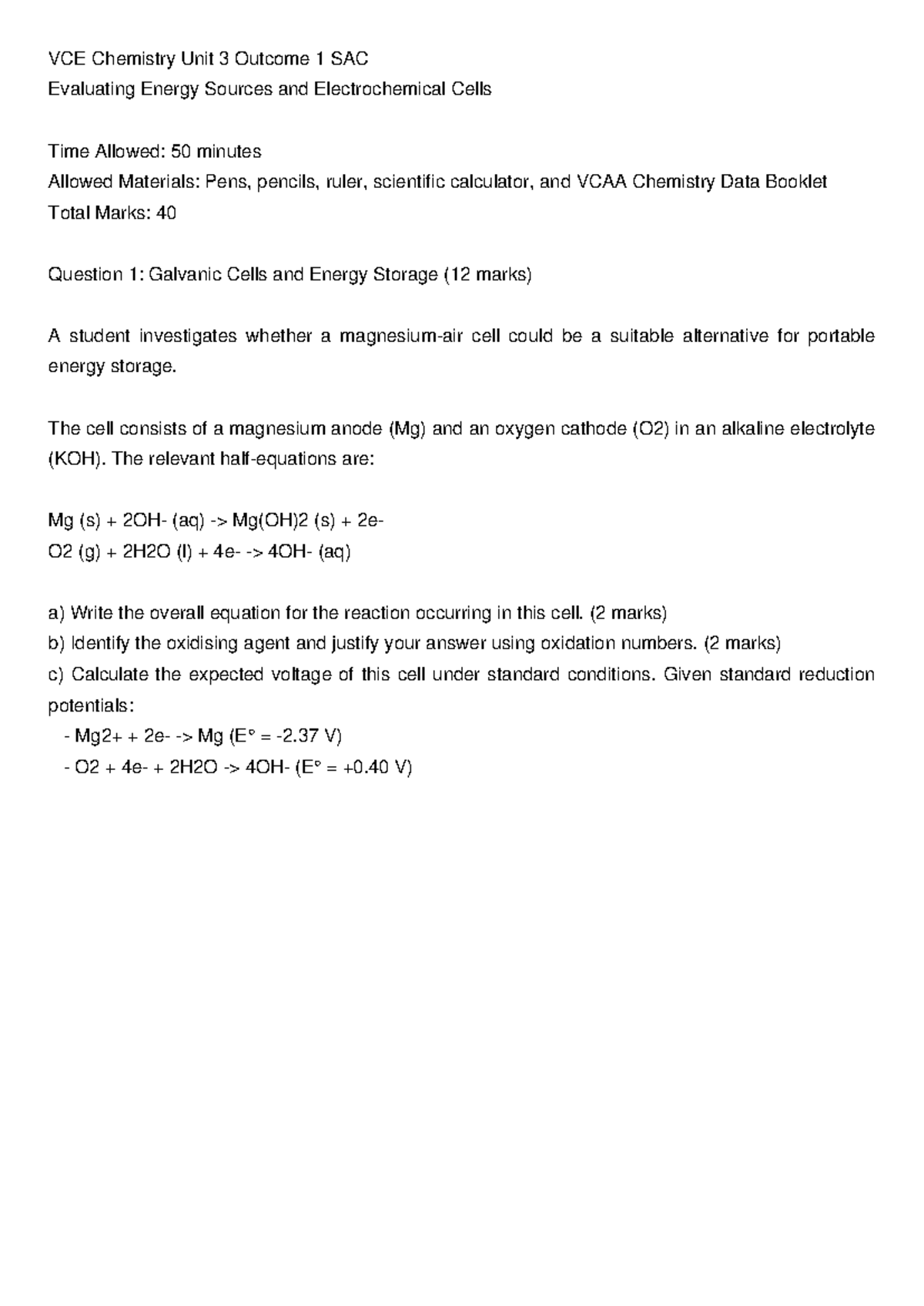 VCE Chemistry Unit3 AOS1 SAC - VCE Chemistry Unit 3 Outcome 1 SAC ...