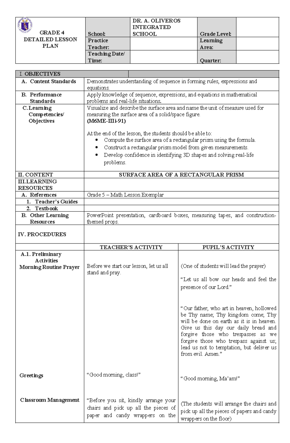 GRADE 5 MATH FINAL LESSON PLAN: SURFACE AREA OF RECTANGULAR PRISM - Studocu