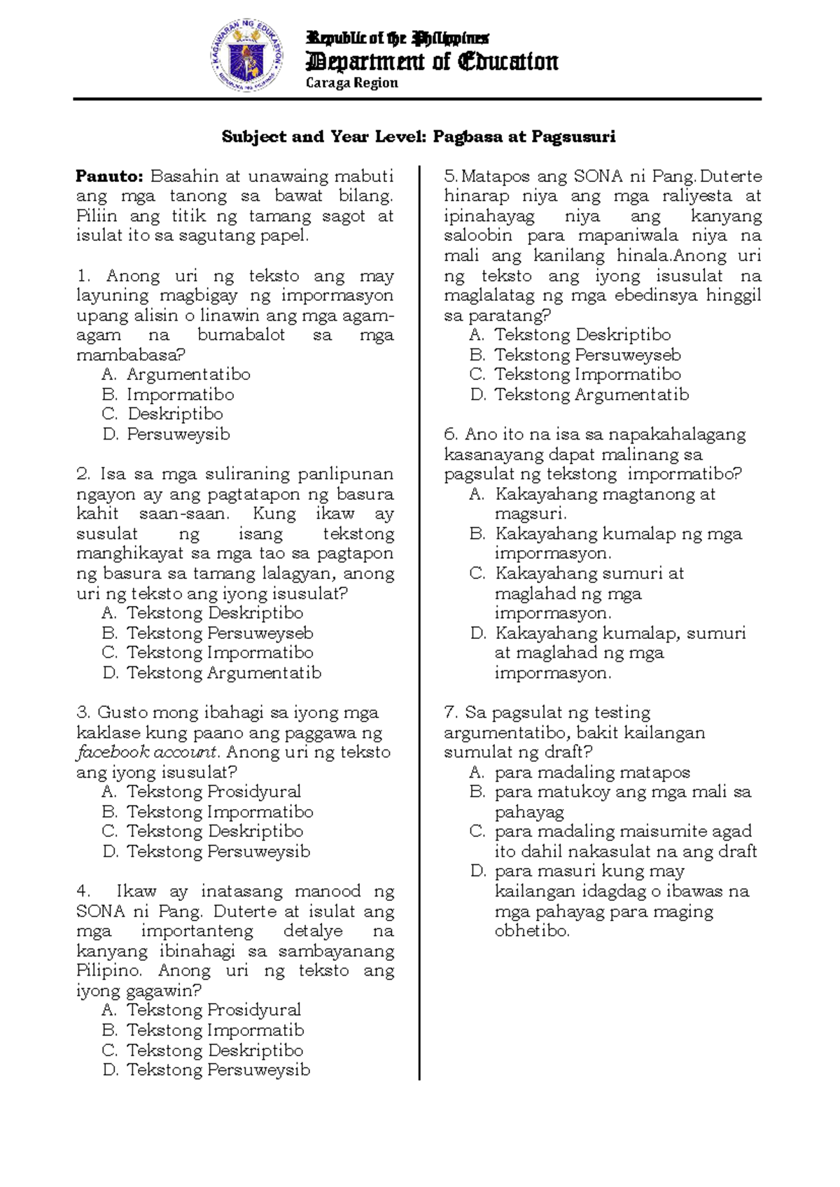 Pagbasa at Pagsusuri: Final Exam Review (Pagsusuri ng Teksto) - Studocu