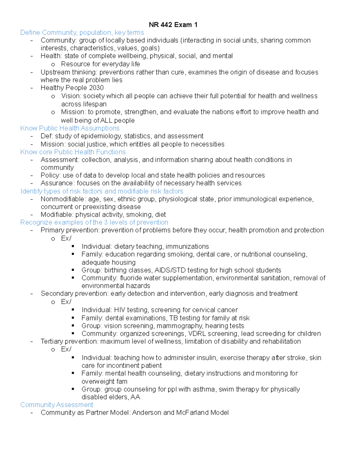 NR 442 Community Health Exam 1 Study Guide and Key Concepts - Studocu