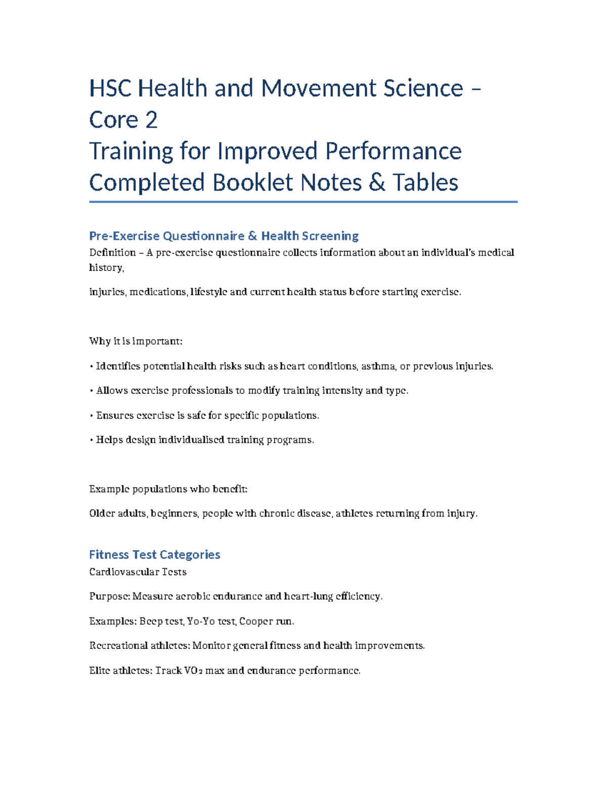 HMS Core 2 Completed Booklet: Health & Movement Science Notes - Studocu
