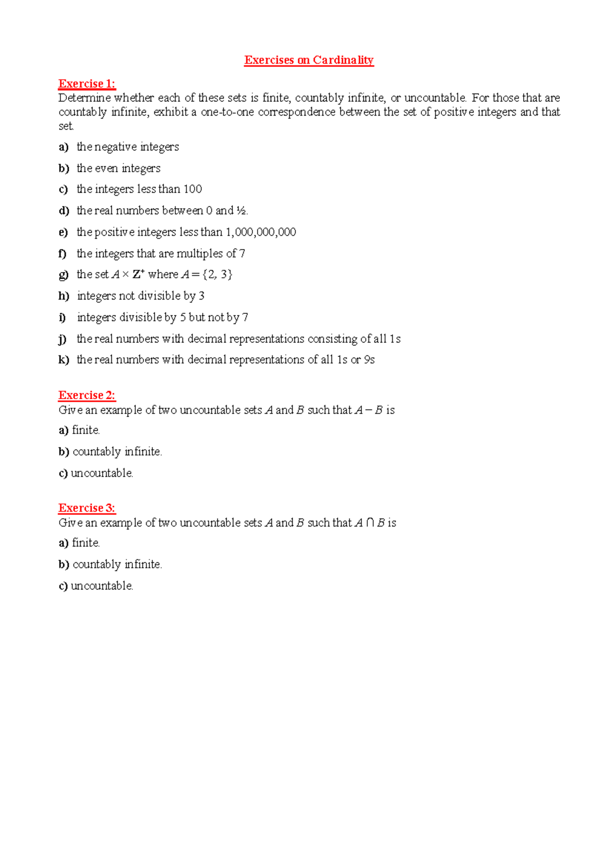 Exercises on Cardinality: Finite, Countably Infinite, and Uncountable ...