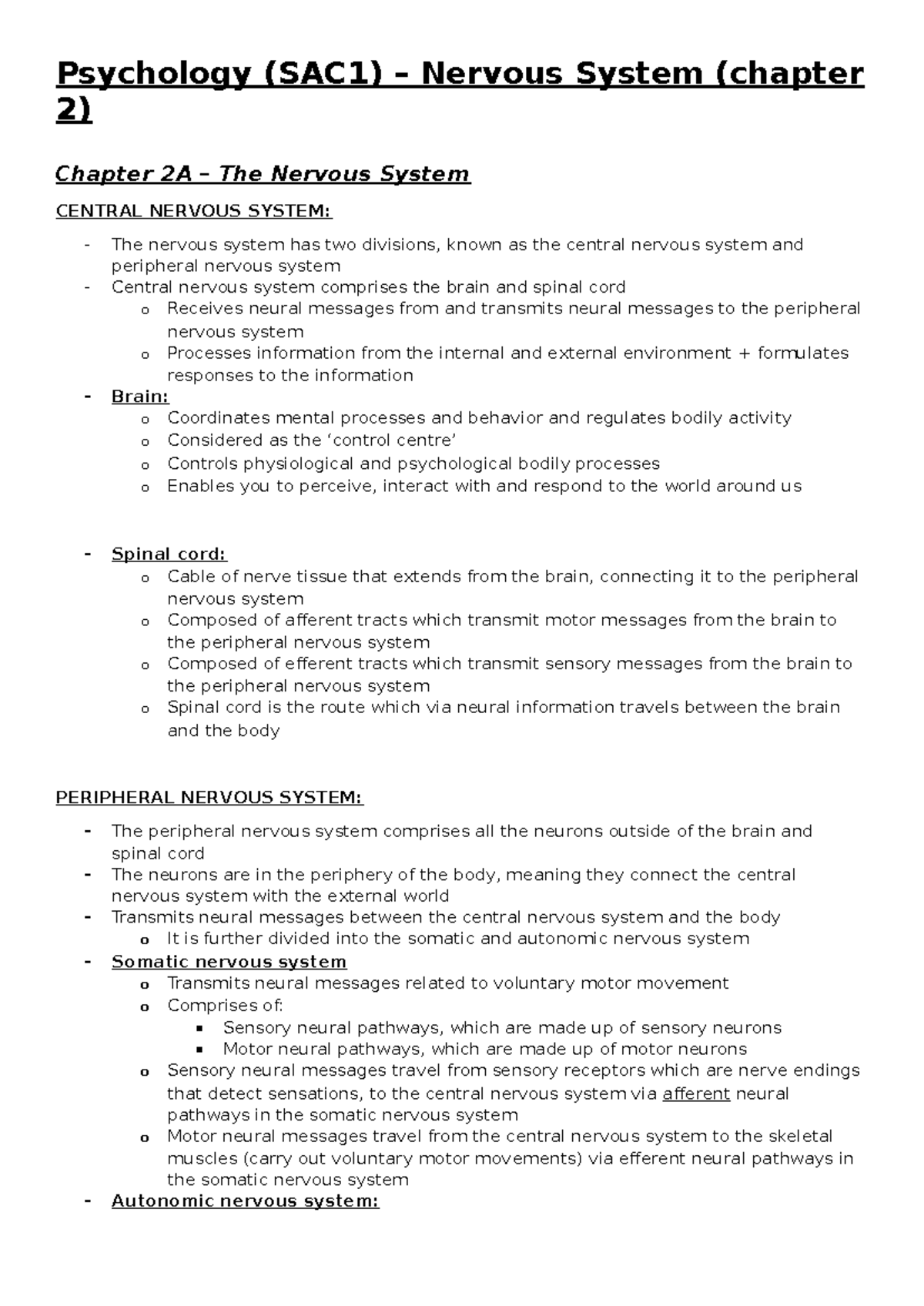Psychology (SAC1) Chapter 2: The Nervous System Overview - Studocu