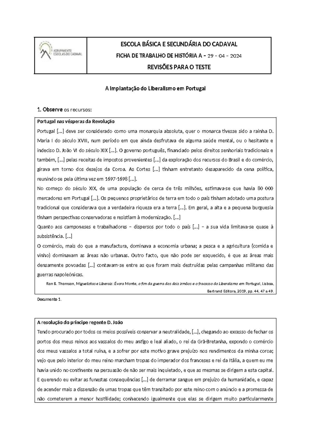 Ficha de Trabalho de História A - Liberalismo em Portugal (29/04/2024) - Document Preview