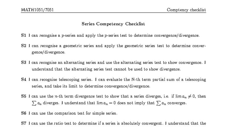 MATH1051 Competency Checklist: Series, Integration, Vectors & Matrices ...