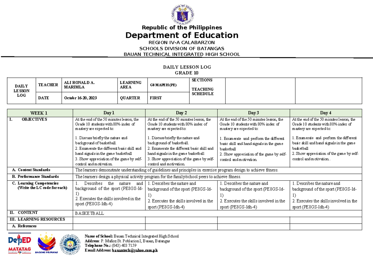 G8 MAPEH PE Daily Lesson Log for Week 1 (Oct 16-20, 2023) - Studocu