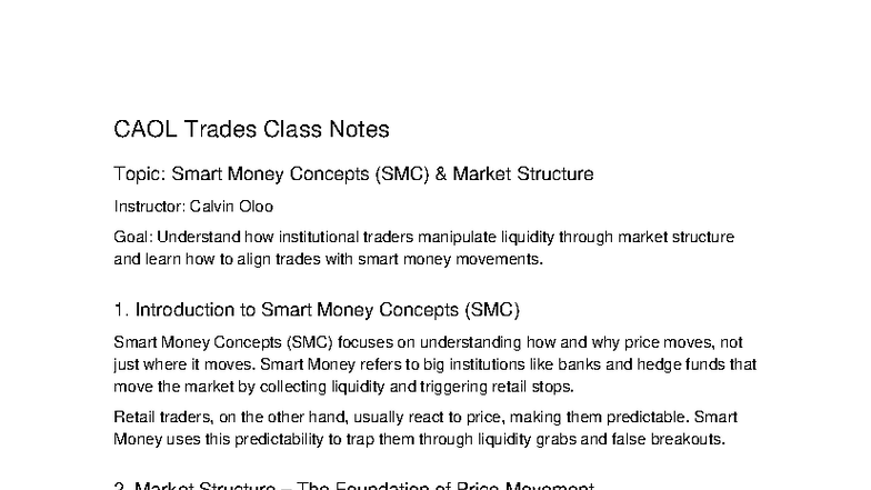 CAOL Trades SMC & Market Structure Class Notes - Studocu