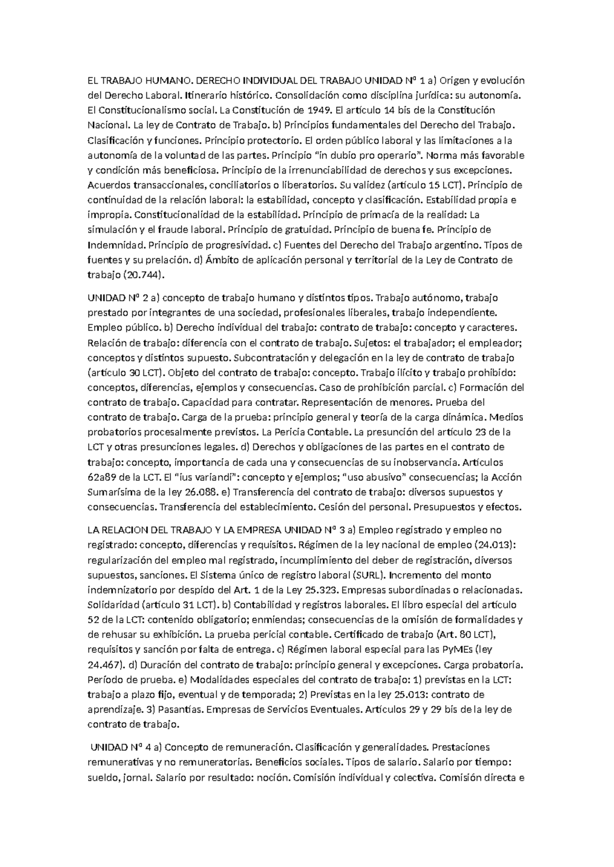 Programa de Derecho Laboral - Unidad 1 a 7: Origen, Principios y ...