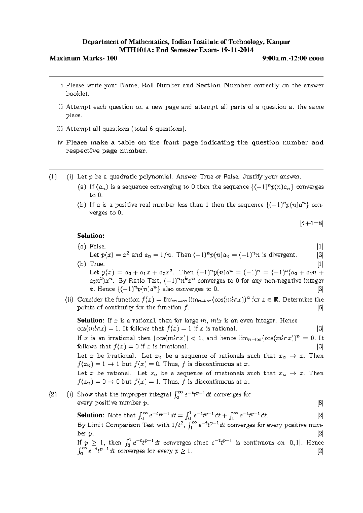 MTH101A End Semester Exam Past Papers and Solutions - Studocu