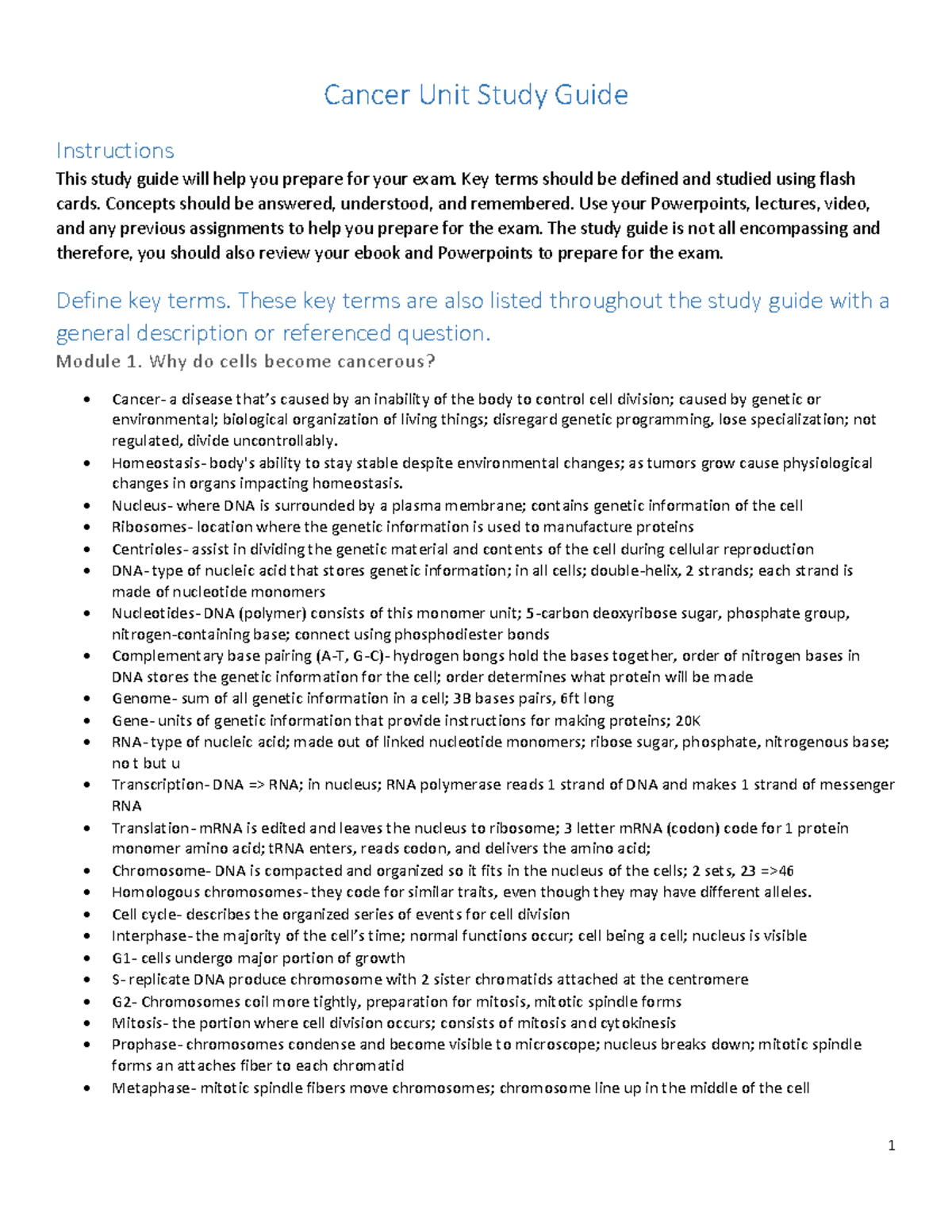 20222 BSC1005 Cancer Unit Exam Study Guide & Key Concepts - Studocu