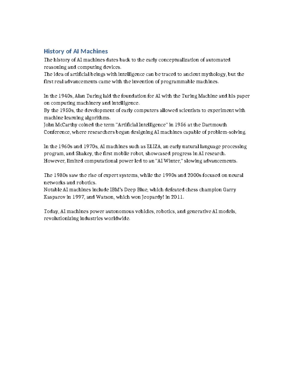 History of AI Machines - Summary Computer Science Science - History of ...