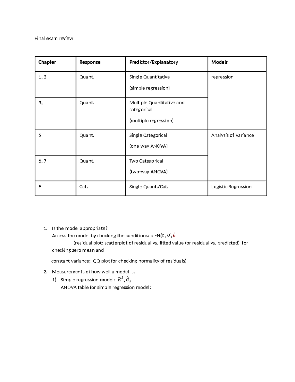 Final Exam Review Notes for Quantitative Analysis (Chapters 1-7 ...
