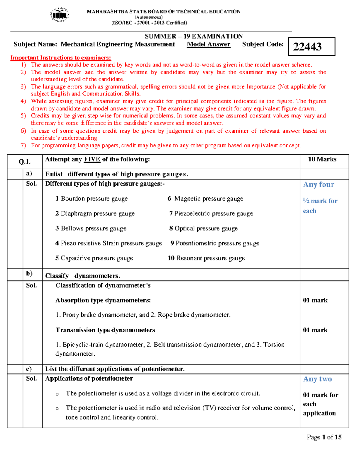 22443 Summer 2019 Mechanical Engineering Measurement Model Answers ...