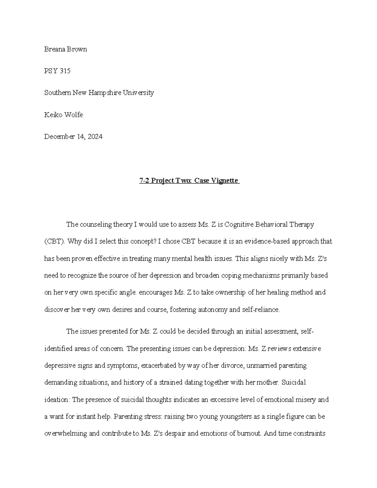 Project Two: Case vignette analysis for PSY 315 at SNHU - Studocu