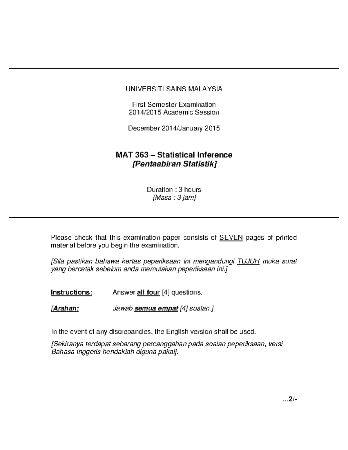 MAT 363 - Final Exam Statistical Inference (Dec 2014/Jan 2015) - Studocu