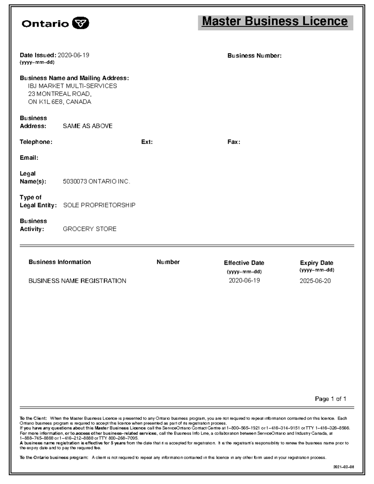MBL - Master Business Licence Date Issued: 2020-06-19 Business Number ...
