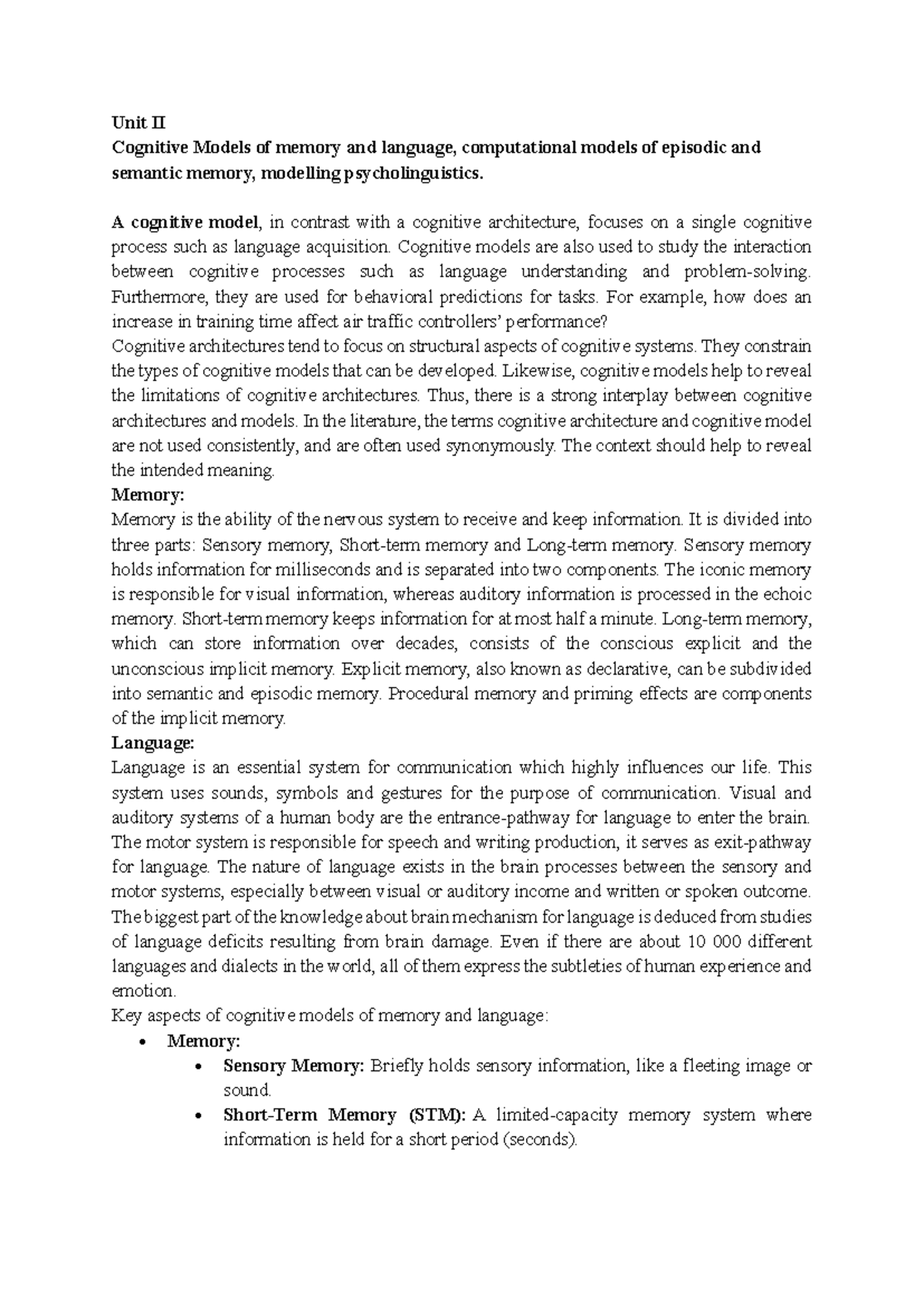 Unit II: Cognitive Models of Memory and Language in Psycholinguistics ...