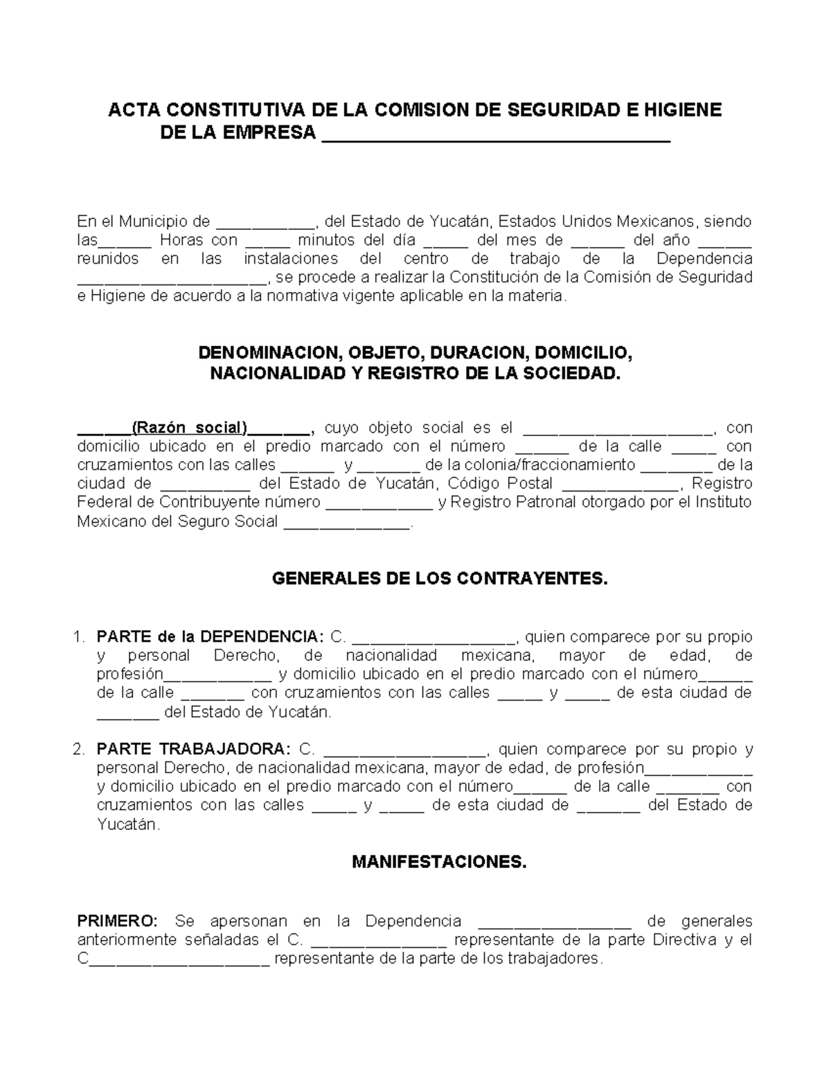 Acta Constitutiva de la Comisión de Seguridad e Higiene - Yucatán - Studocu