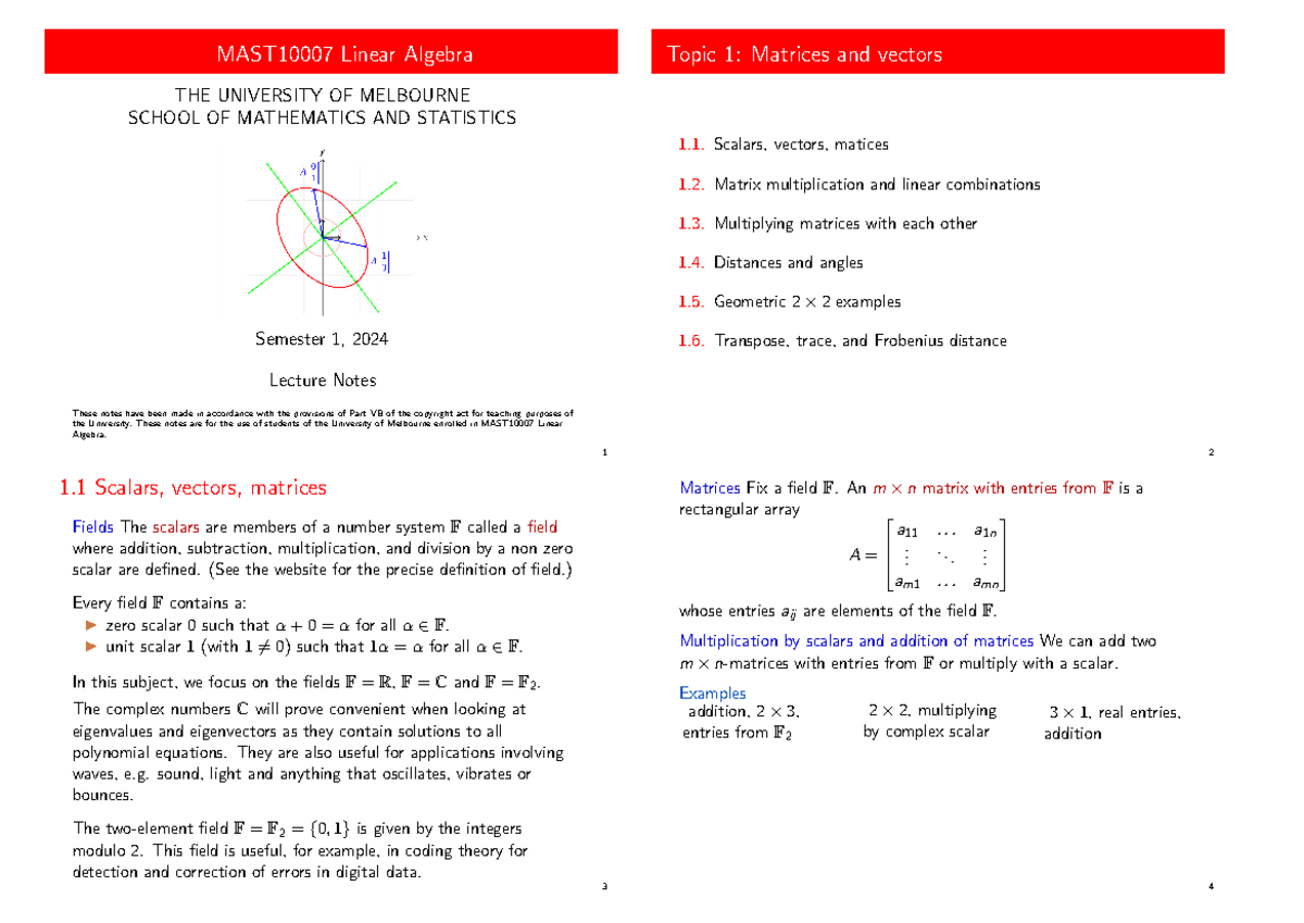 MAST10007 Linear Algebra Semester 1, 2024 Lecture Notes - Studocu