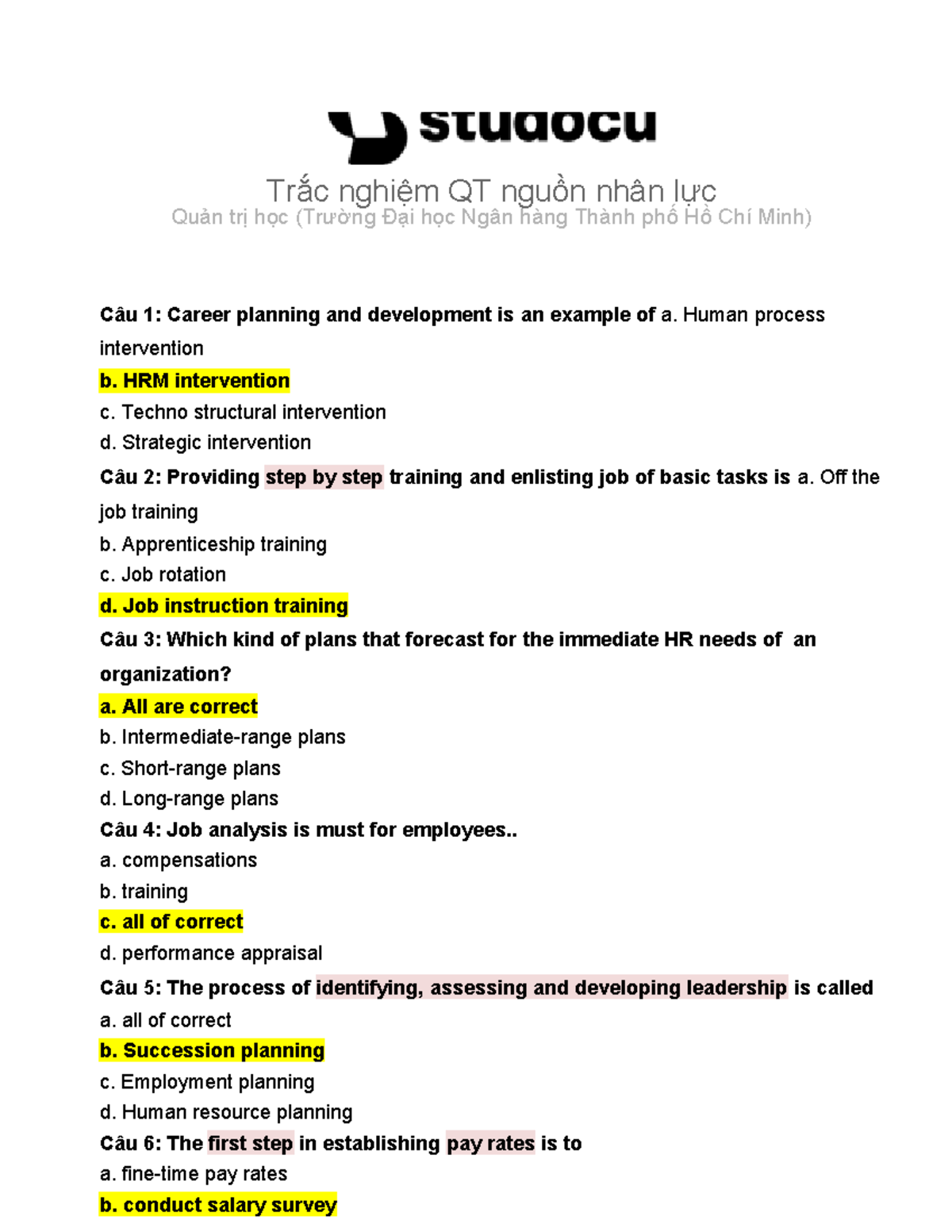 [PHẢI ÔN] HRM - Trắc Nghiệm Quản Trị Nguồn Nhân Lực - Document Preview