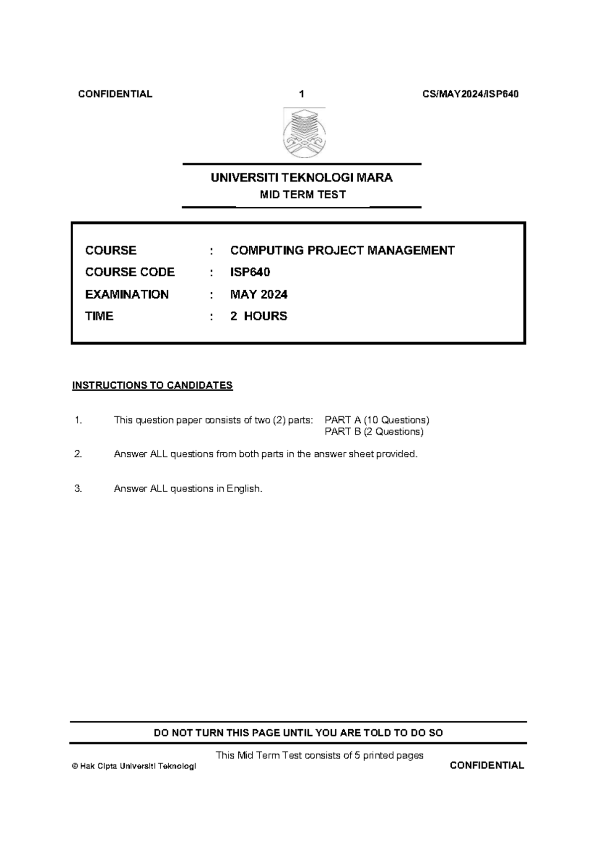 MIDTERM EXAM ISP640: COMPUTING PROJECT MANAGEMENT MAY 2024 - Studocu