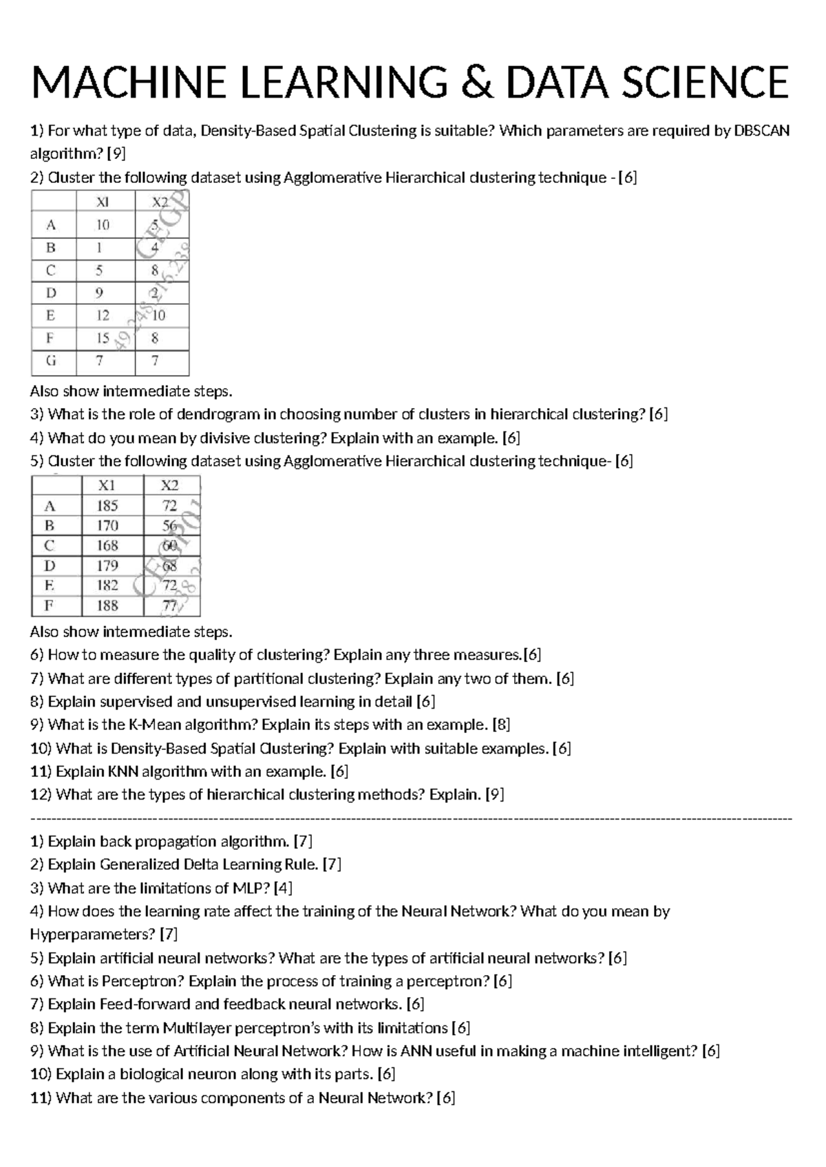 Machine Learning and Data Science QB: Clustering Techniques and Neural ...
