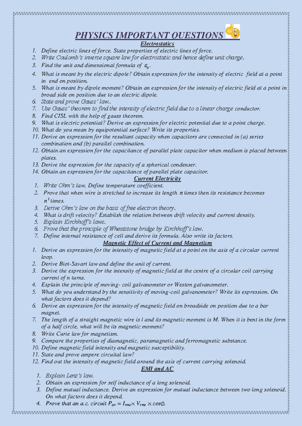 PHYSICS IMPORTANT QUESTIONS (PHYS101) - Electrostatics, Current ...