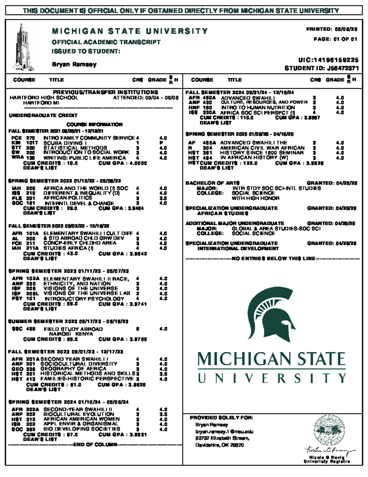 MSU Official Academic Transcript for Bryan Ramsey (J56472371) - Studocu