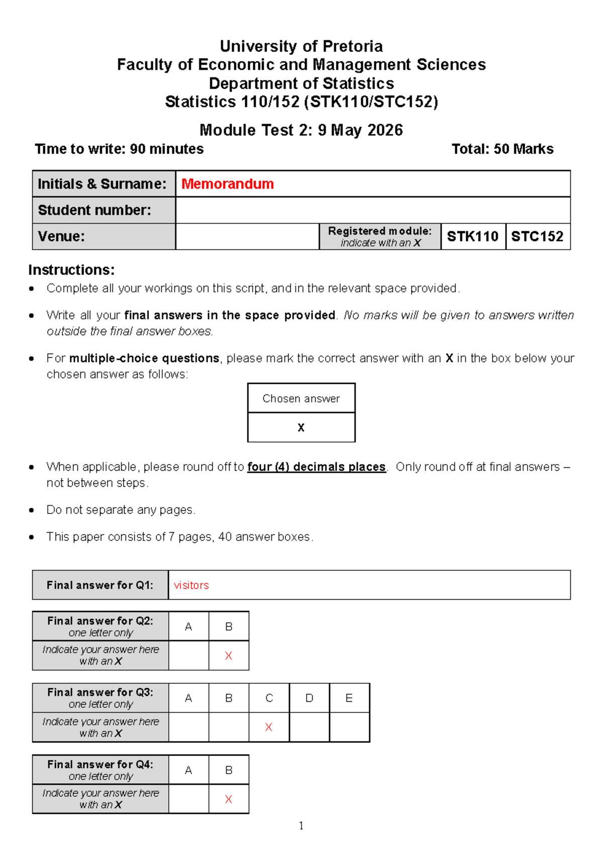 STK110 - Statistics Module Test 2 - 2026 Memorandum - Studocu