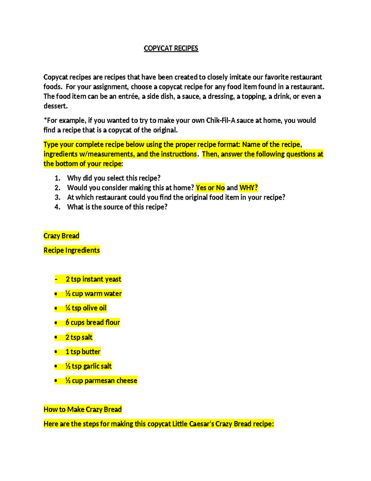 Copycat Recipes Assignment - IWYCGYQGCWCK - Studocu