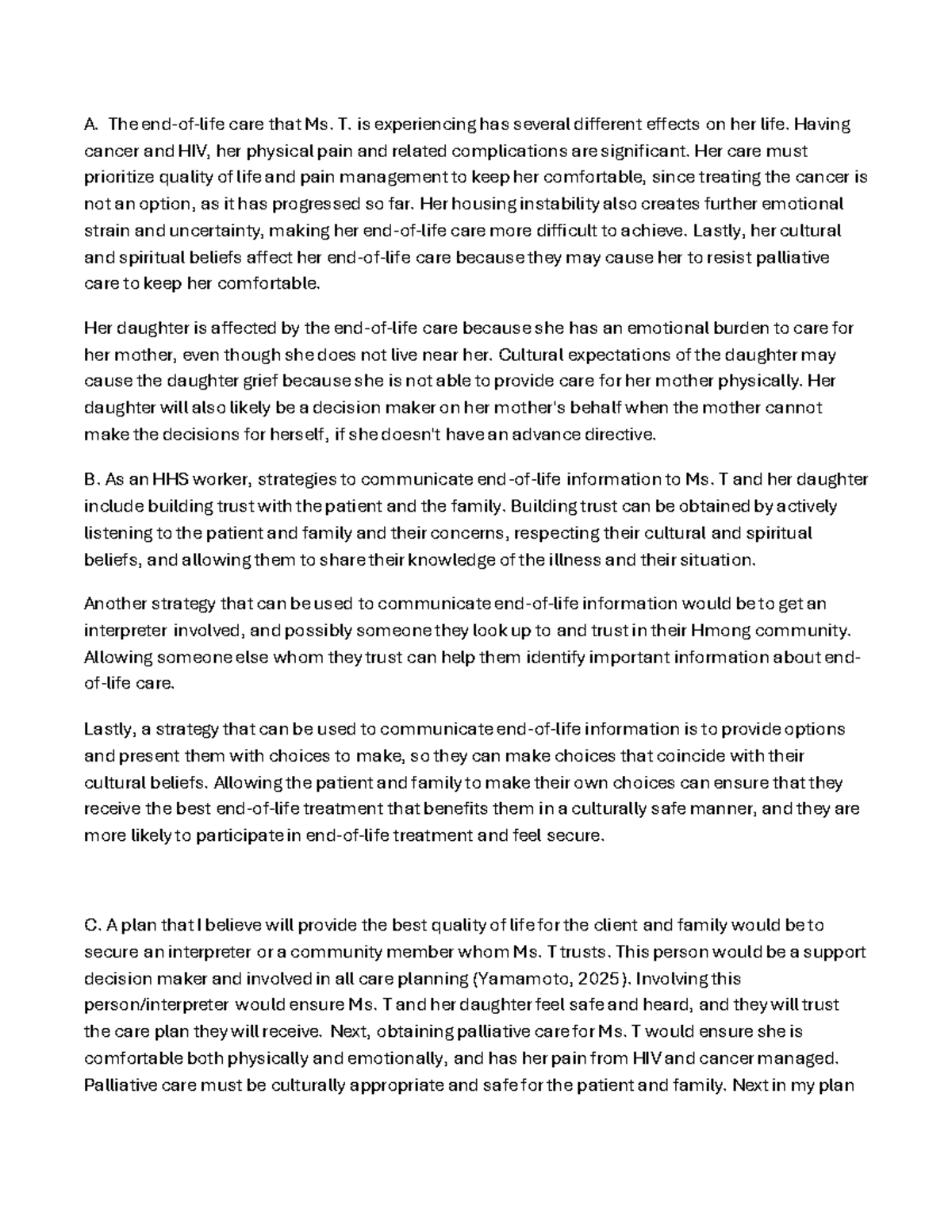 D400 Task 1 - End of Life Care Strategies for Ms. T - Studocu