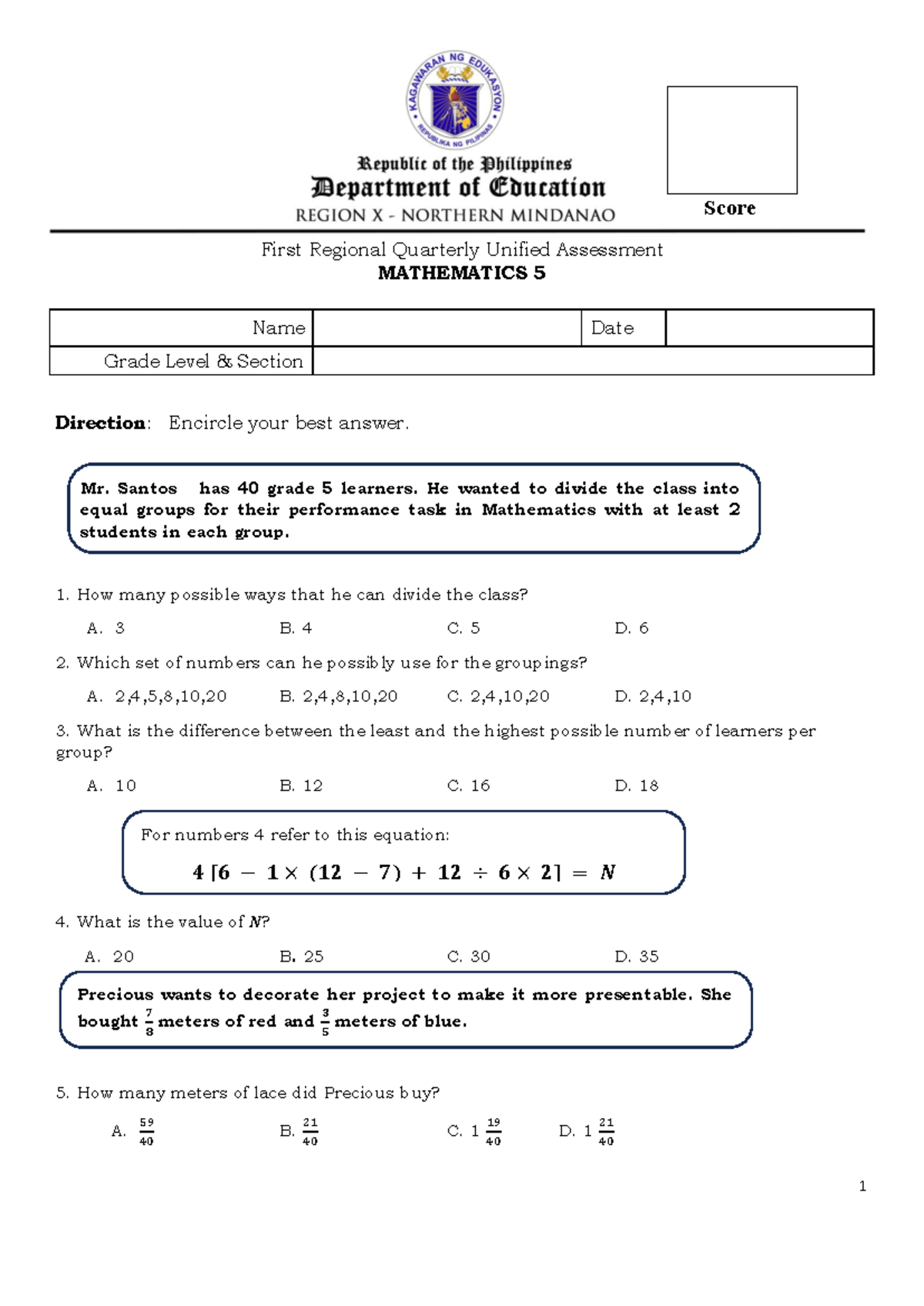 MATHEMATICS 5: Score First Regional Quarterly Unified Assessment - Studocu