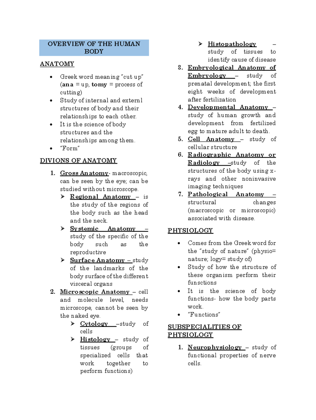 Human Anatomy & Physiology: Prelim Reviewer for ANAPHY 101 - Studocu