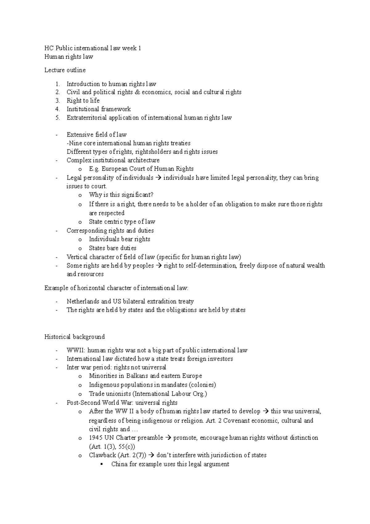 HC PIL - Week 1 Lecture Notes on Human Rights Law Overview - Studeersnel