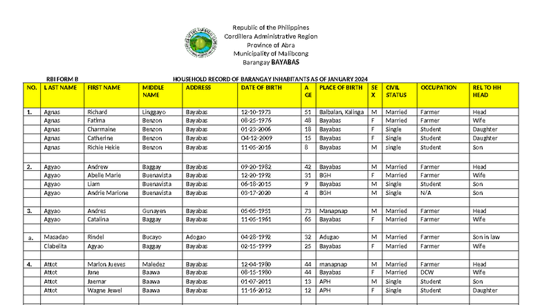 Barangay Bayabas Household Record - January 2024 (RBI Form) - Studocu