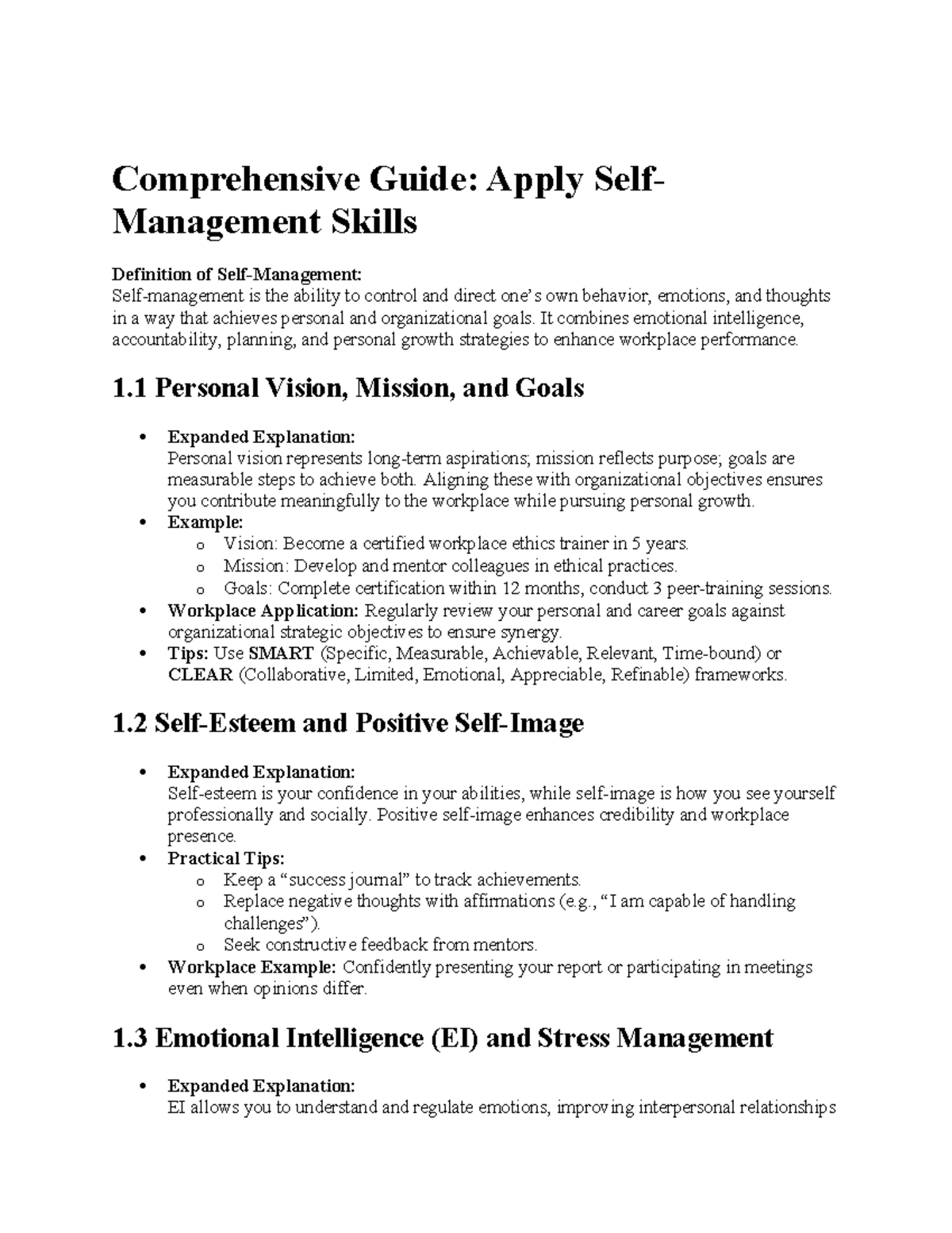 Comprehensive Guide: Apply Self-Management Skills for Work Ethics - Studocu