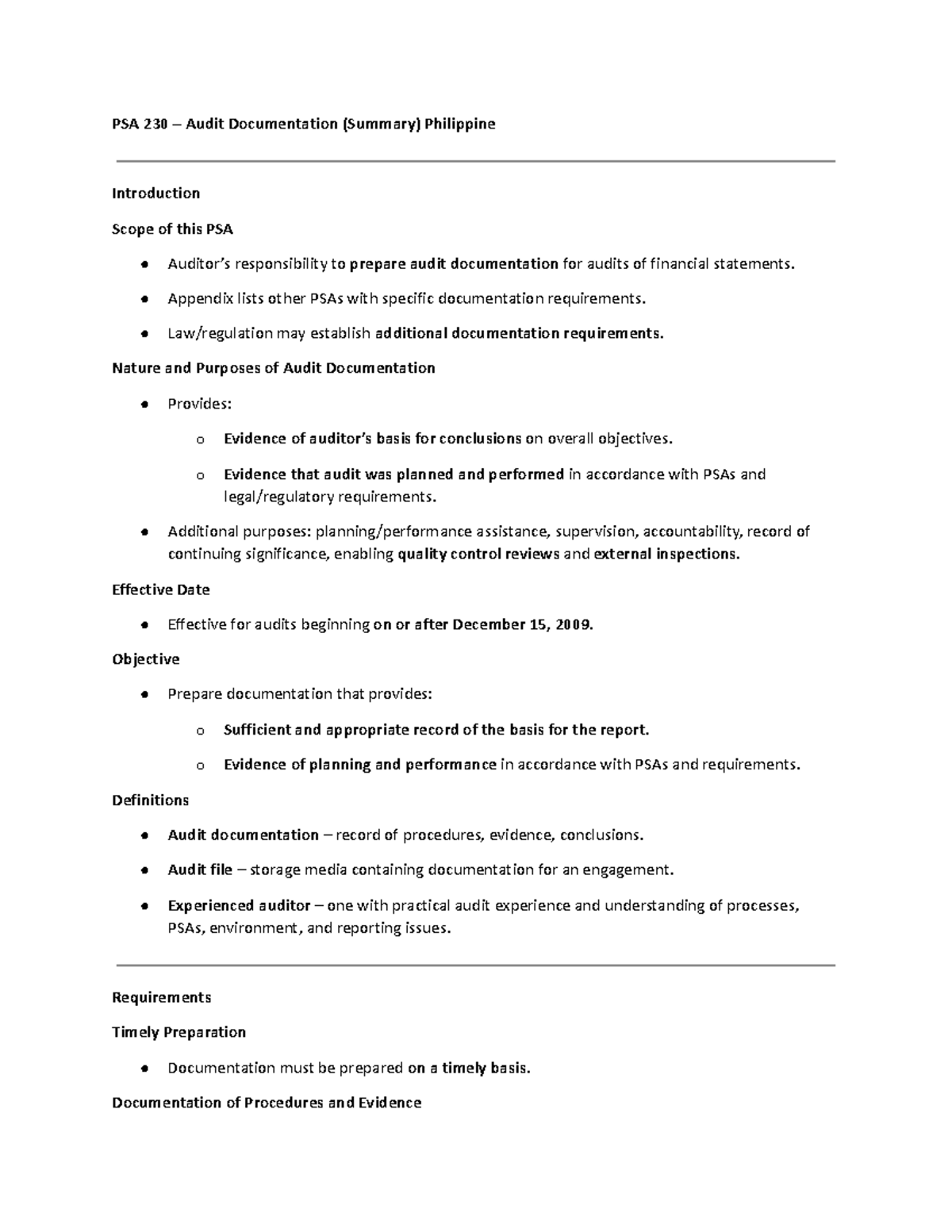 PSA 230, 260, 300, 450 Audit Documentation & Communication Summary ...
