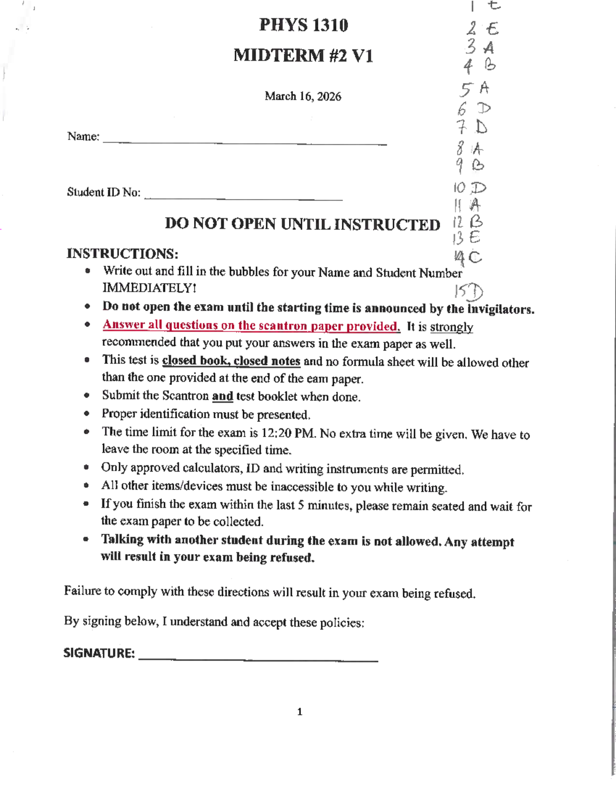 PHYS 1310 Midterm Exam Solutions V1 - March 16, 2026 - Studocu