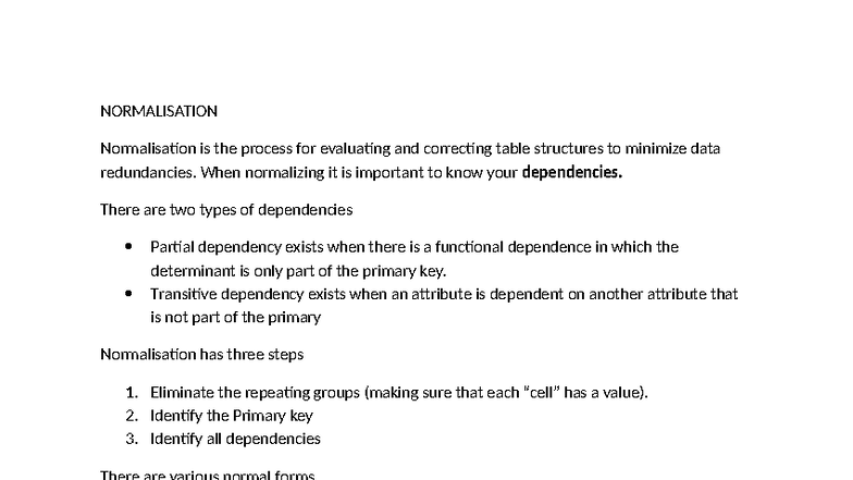 Normalization Notes: Understanding 1NF, 2NF, and 3NF Concepts - Studocu