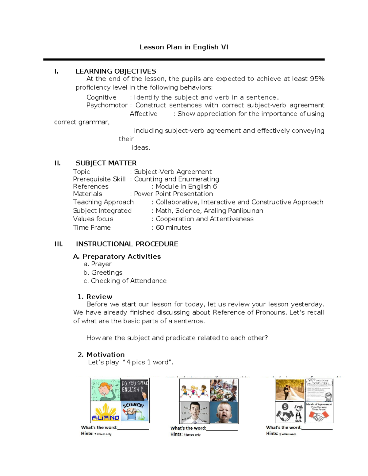Lesson Plan in English 6 - LEARNING OBJECTIVES At the end of the lesson ...