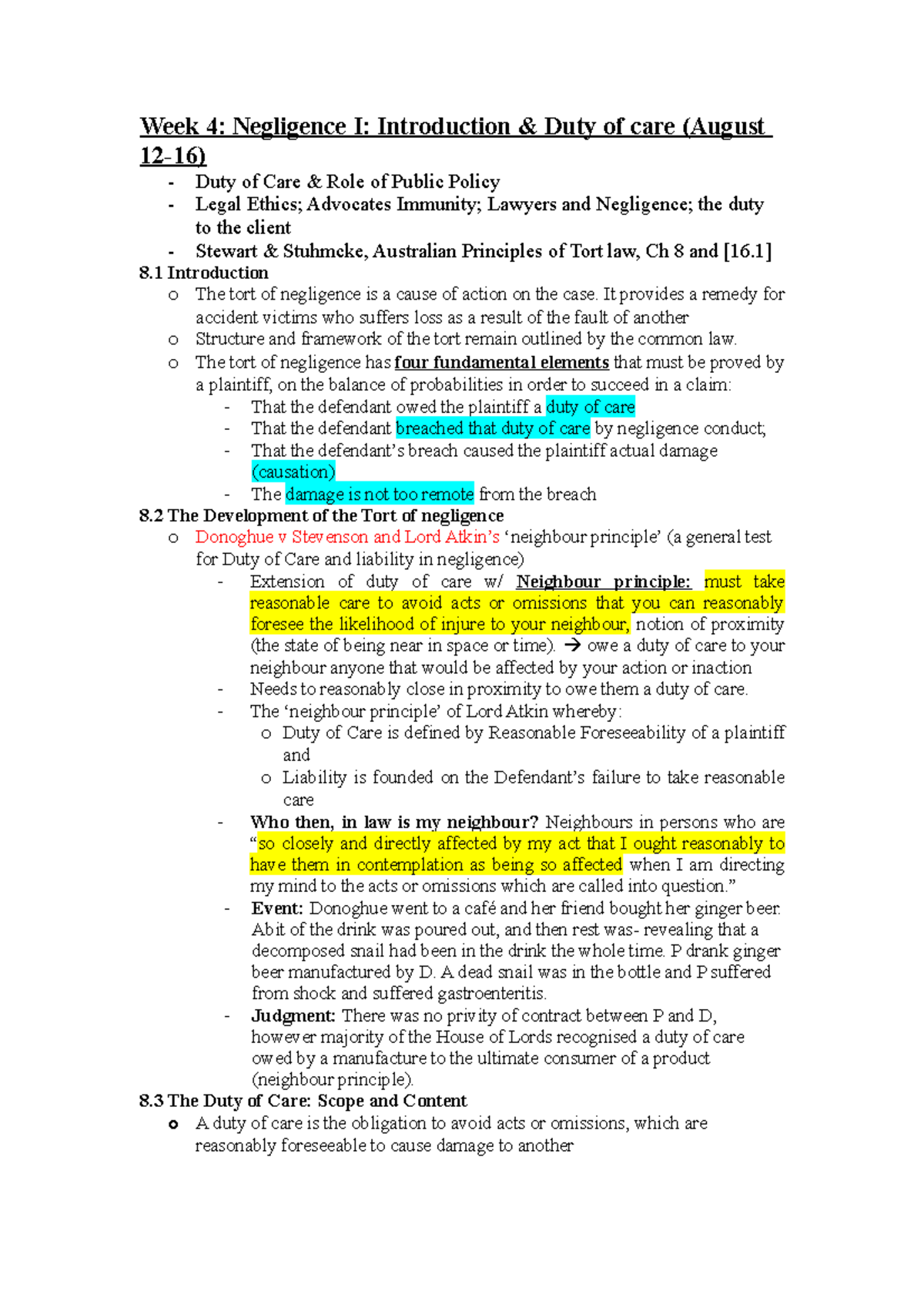 Week 4 Tort Law: Negligence I - Introduction & Duty of Care Concepts ...
