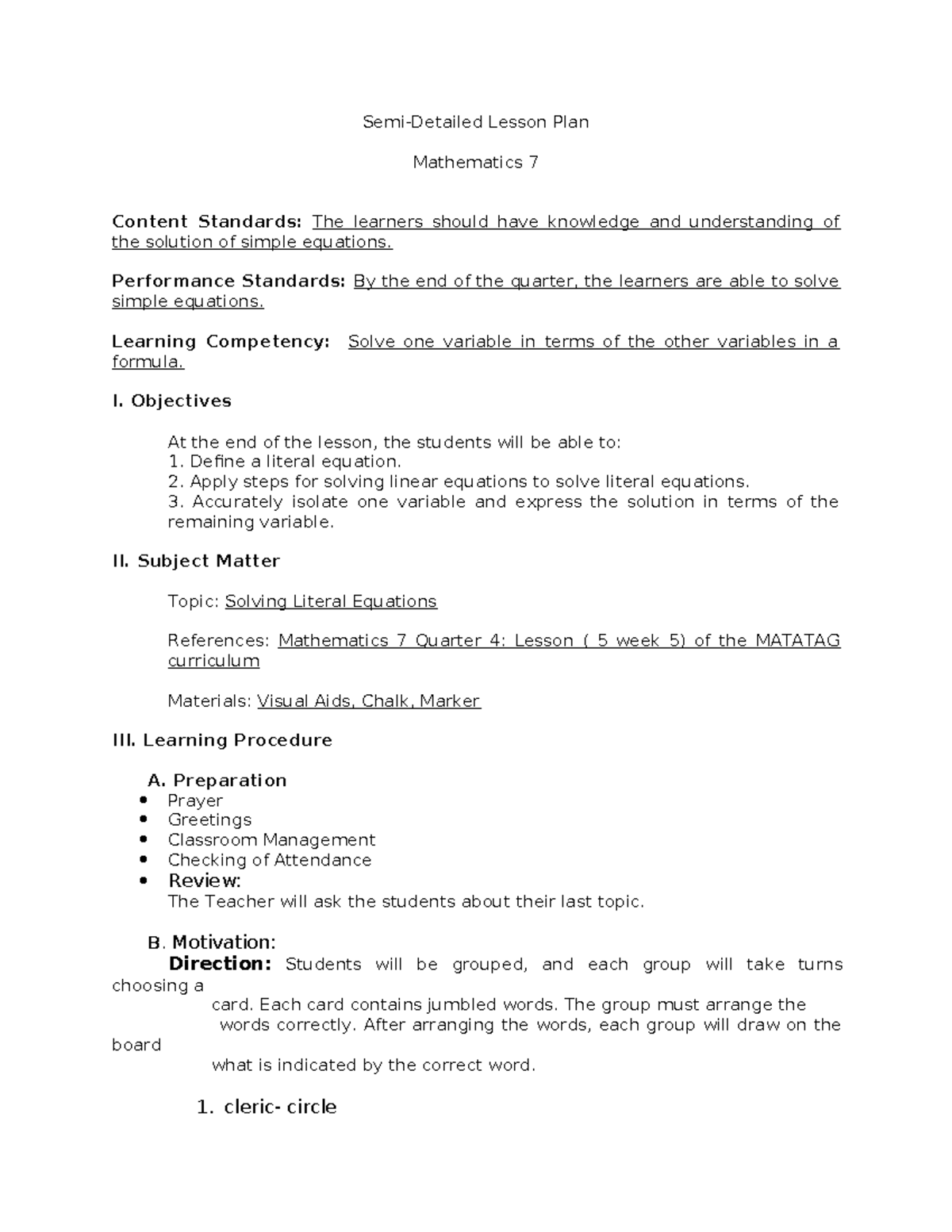Mathematics 7: Lesson Plan on Solving Literal Equations Definitions ...